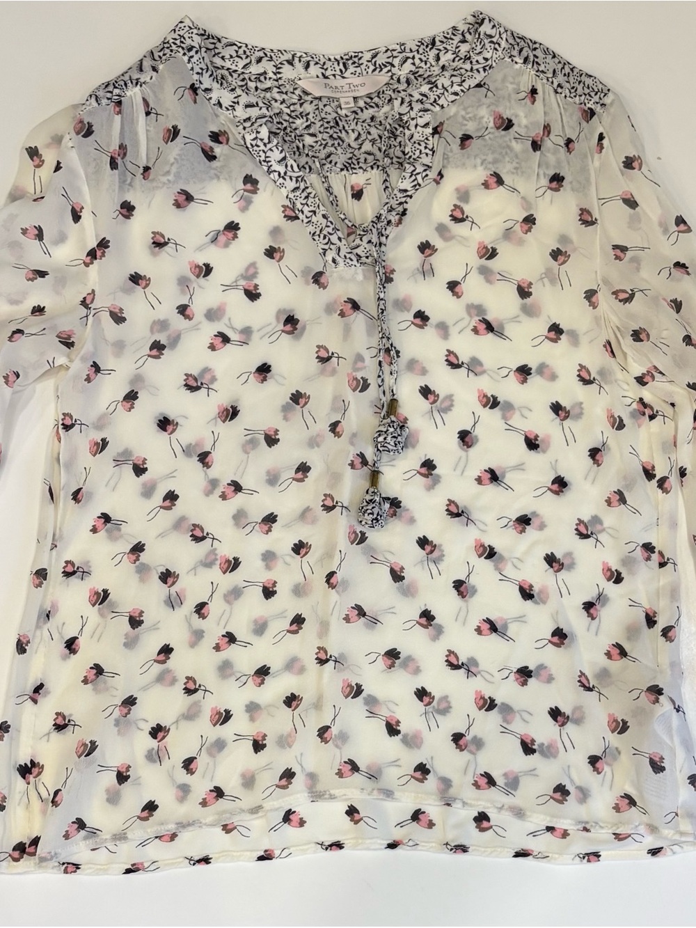 Light Cream Floral Tie-Front Blouse with Pink Accents